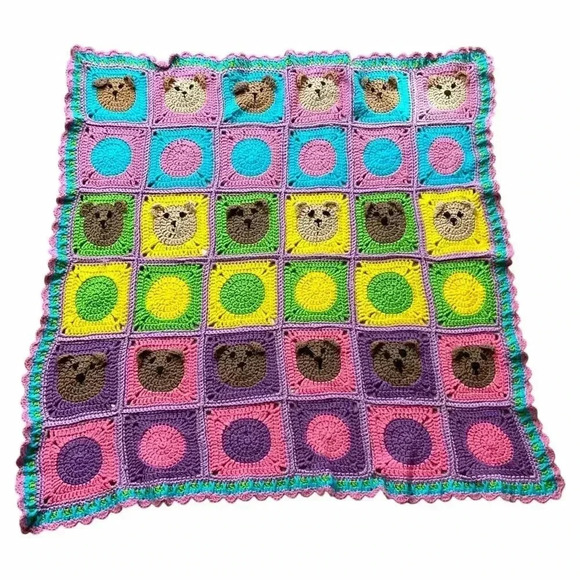 Handmade Crochet Teddy Bear Granny Square Baby Nursery Afghan Blanket 45x45 - Picture 1 of 6